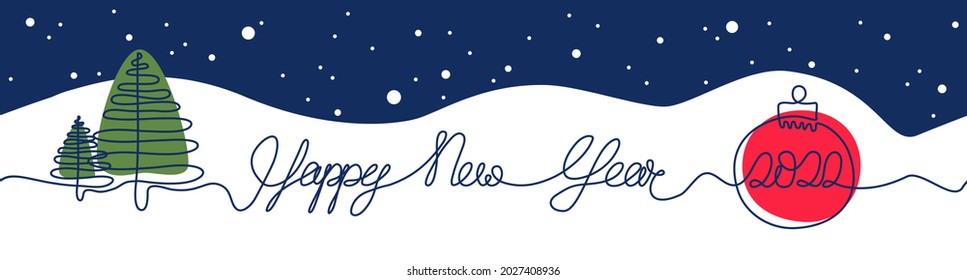 2022 Happy New Year vector seamless border, tape, ornament for decoration with green xmas tree silhouette, red decorative ball, snow. Minimal simple one line pattern on white and navy blue background