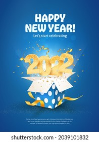 2022 Happy New Year vector illustration. Xmas celebrate on blue background. Merry Christmas celebration. Golden numbers fly out blue gift box