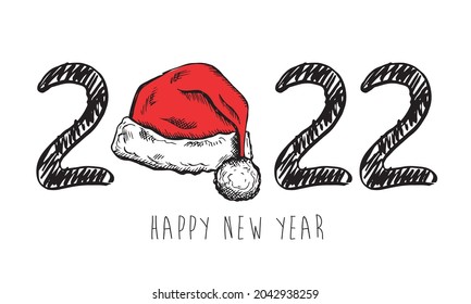 2022 Feliz Año Nuevo. Vector. Santa Hat Hand dibujó la ilustración.	
