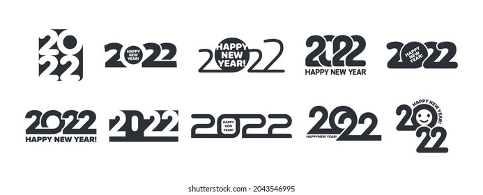 2022 Happy New Year Vector Logo. Different Typography Design Templates Set Isolated On White Background. Variations Of Happy New Years Typographic Design Elements Collection