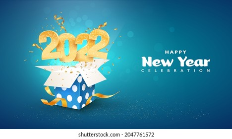 2022 Happy New Year vector illustration. Xmas celebrate banner on blue background. Merry Christmas celebration. Golden numbers fly out blue gift box