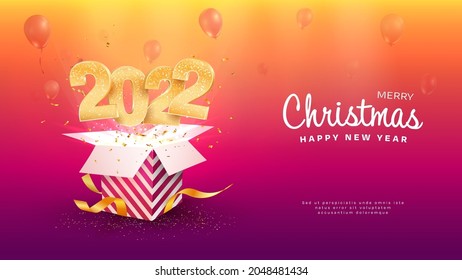 2022 Happy New Year vector illustration. Xmas celebrate on purple background. Merry Christmas celebration. Golden numbers fly out gift box