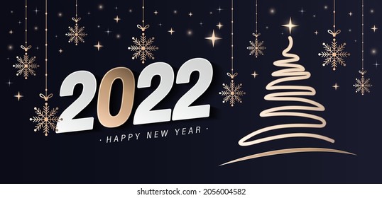 2022 feliz año nuevo de fondo vectorial con números de lujo blanco y oro. Elegante árbol de navidad de línea dorada con copo de nieve colgando en lazo y brillantes brillantes. Ilustración del vector