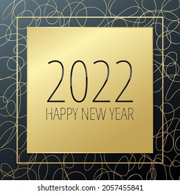 2022 Happy New Year Vektor. Goldene und schwarze Grußkarte. Glühgoldener Banner mit Linien zum Feiern, Gratulation, Web, Design, Rahmen Dekoration, Winterurlaub