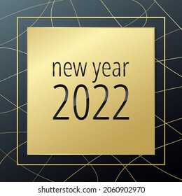 Vector de Año Nuevo Feliz 2022. Tarjeta de felicitación dorada y negra. Banner dorado brillante con líneas para celebración, felicitación, web, diseño, decoración de marcos, vacaciones de invierno