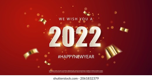 2022 Happy New Year vector holiday on red background. Shiny party background. White Numeral 2022 with glitter gold confetti and serpentine. Festive premium template for holiday. Vector illustration. - Shutterstock ID 2061832379