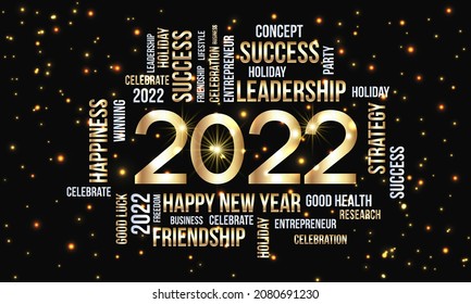 2022 Gutes neues Jahr Vektor Text Wort Cloud Design Vorlage. Kreatives Wort Cloud Typografie Vektorgrafik.