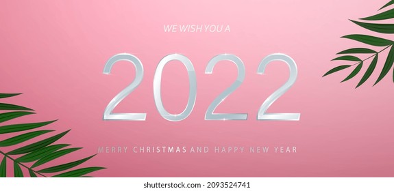 2022 Happy New Year vector holiday on soft pink background. Elegant Christmas congratulation with 3D realistic glass text. Shiny party background. Festive premium template for holiday. Vector EPS10.