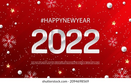 2022 Happy New Year vector holiday on red christmas background with snow and snowflakes. Shiny party background. White Numeral 2022 with snow and star. Festive premium template for holiday. Vector