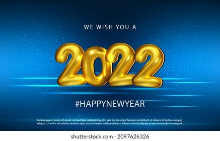 2022 Happy New Year vector holiday in space background. 3d Gold Numeral 2022 with light beam and shining dust star. Space technology background for calendar, cover design. Vector illustration EPS10.