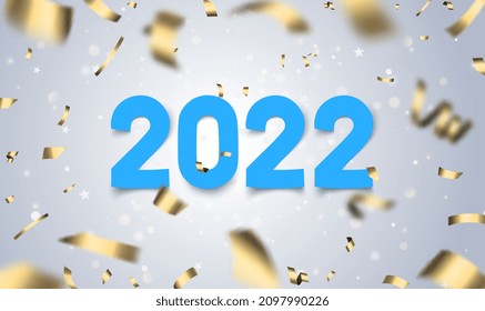 2022 Happy New Year vector holiday with glitter gold confetti and serpentine. Paper cut 2022 numbers with sparkling confetti particles, golden stars. Festive premium template for holiday. Vector EPS10