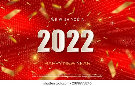 2022 Happy New Year vector holiday elegant design on red background with gold glitter confetti and fireworks. Shiny New Year party background. White Numeral 2022 with fireworks and confetti. Vector