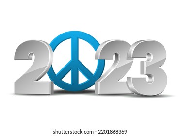 2022 Happy New Year. White Numbers Design of greeting card with blue Peace symbol . Holiday vector illustration.