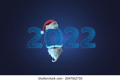 2022 hat, beard and mustache of Santa Claus, a symbol of the New Year, Christmas, Secret Santa, the spirit of Christmas, Saint Nicholas, a feast for which gifts are given.2022.low poly, wireframe