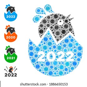 2022 hatch chick bacteria mosaic icon. 2022 hatch chick collage is composed of scattered covid icons. Bonus icons are added. Flat style.