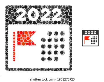 Composición del calendario vacacional 2022 de los círculos llenos en diferentes tamaños y colores. Los círculos llenos de vectores se organizan en mosaicos del calendario de vacaciones de 2022.