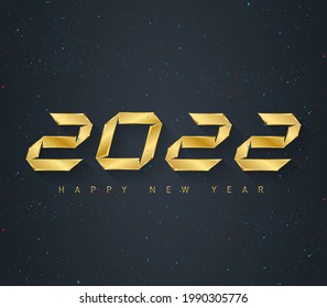 2022 holiday greeting card with confetti and glitter. Vector design template. Cover with wishes. Happy new year 2022, vector background with gold letters and numbers.