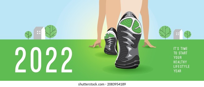 2022 - it`s time to start your healthy lifestyle year, vector banner with athlete starting running outdoor. CloseUp foots, sportive shoes, sneakers soles on green grass at spring or summer landscape