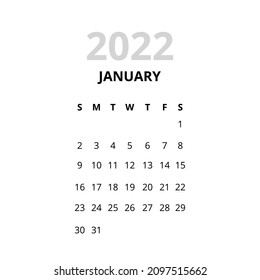 2022 January Month Calendar. Vector Illustration of Time Numbers.