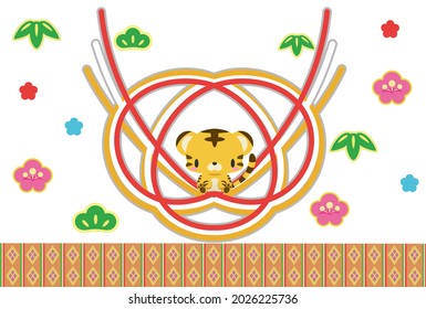 2022 Japanese New Year card with tiger and New Year decoration.