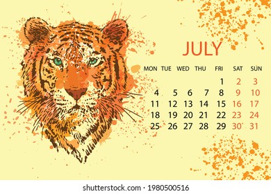 2022 July, calendar month with a tiger's head. Contour graphics on an abstract background of imitation of watercolor texture. Vector illustration.
