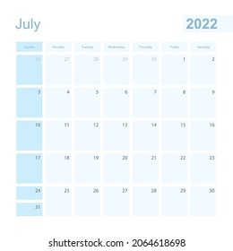 2022 Juli Wandplaner in blau, Woche beginnt am Sonntag. Kalender für Juli 2022 mit dem Tag des Vorjahres und des nächsten Monats.