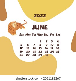 2022 june calendar with abstract shapes and tiger. Colorful modern calendar with trending colors, monthly planner. Vector hand drawn illustration. Modern simple design. Summer month