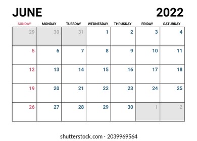 2022 June Calendar Vector illustration.