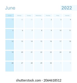 2022 June wall planner in blue color, week starts on Sunday. Calendar for June 2022 with day of previous and next month.