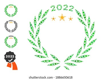 2022 laurel wreath bacteria mosaic icon. 2022 laurel wreath collage is organized with randomized coronavirus pictograms. Bonus pictograms are added. Flat style.