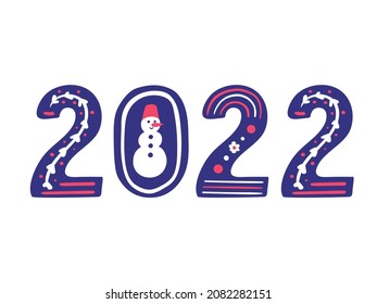 2022 lettering. Hand drawn decorative text. Happy new year 2022 illustration with snowman.