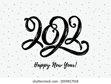 2022 lettering. Happy New Year greeting card. Black hand drawn paintbrush figures on white background with dotted texture. Modern minimalistic banner. Vector illustration.