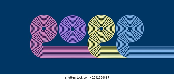 2022 line art design. Retro, 70s style numbers. Happy New  Year design element for calendar card, brochure, cover.