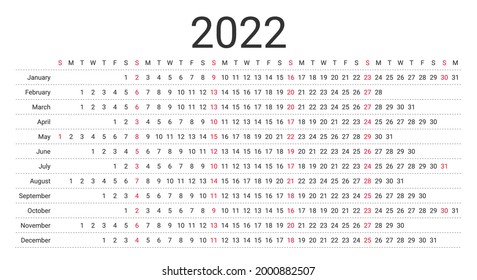 2022 linear calendar. Planner template for year. Yearly calender layout with 12 months. Vector. Annual schedule grid. Week starts Sunday. Landscape horizontal orientation, english. Simple illustration