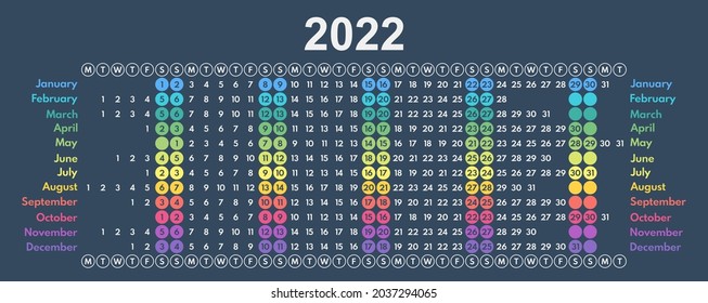 2022 linear colorful calendar with rounded two weekends, wall or desk planner with each month in row, vector template