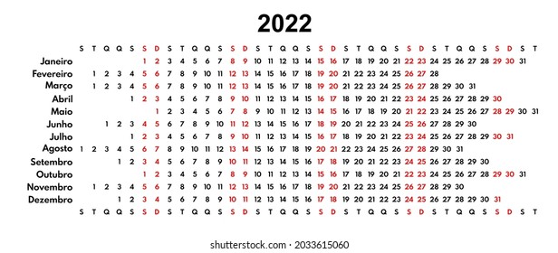 plantilla de calendario vectorial lineal en portugués para 2022