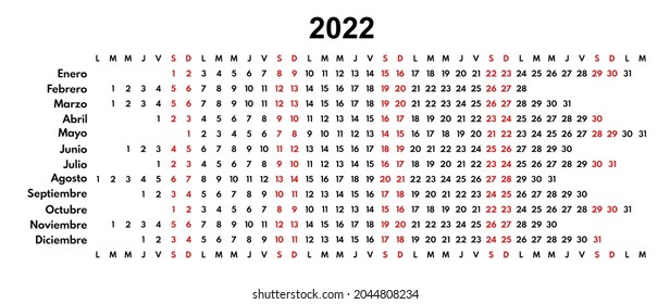 2022 linear spanish vector calendar template