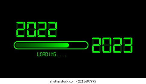 2022 with loading to up 2023 Happy new year. Green led neon digital time style. Progress bar almost reaching new year's eve. Vector illustration with display 2023 loading isolated or black background