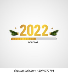 2022 loading. New Year loading. Fir branches and golden stars and ribbons. Holiday decoration. 