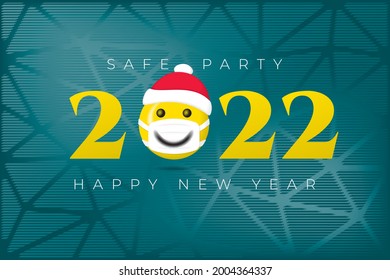 2022 Logo with Halftone Style Smiling Face Wearing Santa Hat Protected with Mask and Safe Party Lettering Happy New Year Greeting Concept - Yellow on Blue Background - Vector Mixed Graphic Design
