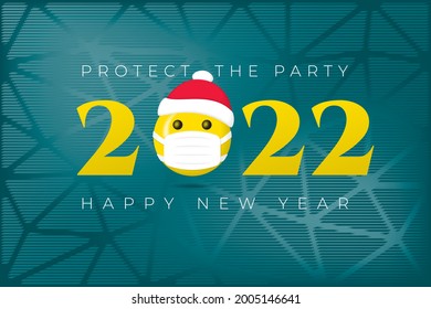 2022 Logo with Halftone Style Smiling Face Wearing Santa Hat and Medical Mask and Protect Party Lettering Happy New Year Greeting Concept - Yellow on Blue Background - Vector Mixed Graphic Design