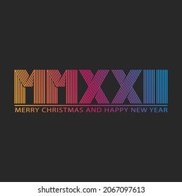 2022 logo Happy New Year and Merry Christmas text dark winter holiday background, HNY Roman number MMXXII trendy thin lines gradient color, creative greeting card or poster, banner mockup.