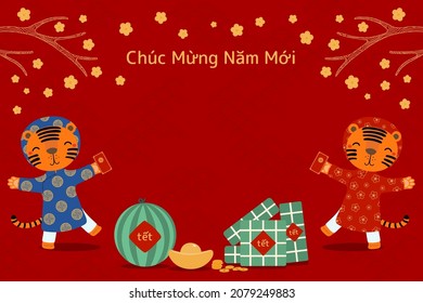 2022 Lunar New Year Tet cute tigers in ao dai, red envelope, rice cakes, watermelon, gold, flowers, Vietnamese text Happy New Year. Hand drawn vector illustration. Flat style design. Holiday concept