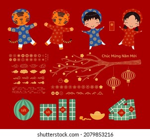2022 Lunar New Year Tet elements set, cute tigers, kids, red envelope, rice cakes, watermelon, gold, flowers, clouds, Vietnamese text Happy New Year. Hand drawn vector illustration. Flat style design.