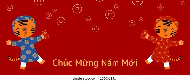 2022 Lunar New Year Tet cute tigers in ao dai with red envelopes, Vietnamese text Happy New Year. Hand drawn vector illustration. Flat style design. Concept for holiday card, poster, banner.