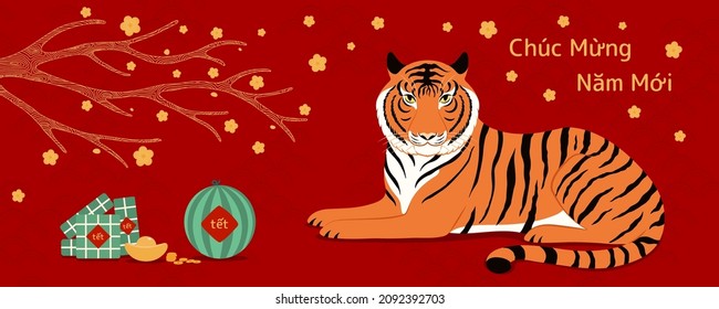 2022 Lunar New Year Tet tiger, rice cakes, watermelon, gold, apricot flowers, Vietnamese text Happy New Year. Hand drawn vector illustration. Flat style design. Concept holiday card, poster, banner.