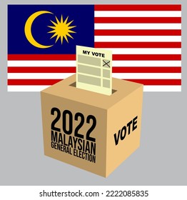 2022 Malaysia General Election concept. A vector of poll box with voting paper written and Malaysia flag. 