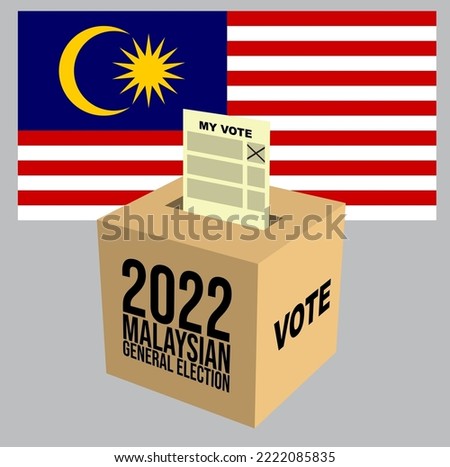 2022 Malaysia General Election concept. A vector of poll box with voting paper written and Malaysia flag. 