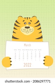 2022 march calendar, cute tiger animal holding a monthly calendar sheet, hand drawn childish style
