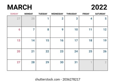 2022 March Calendar Vector illustration